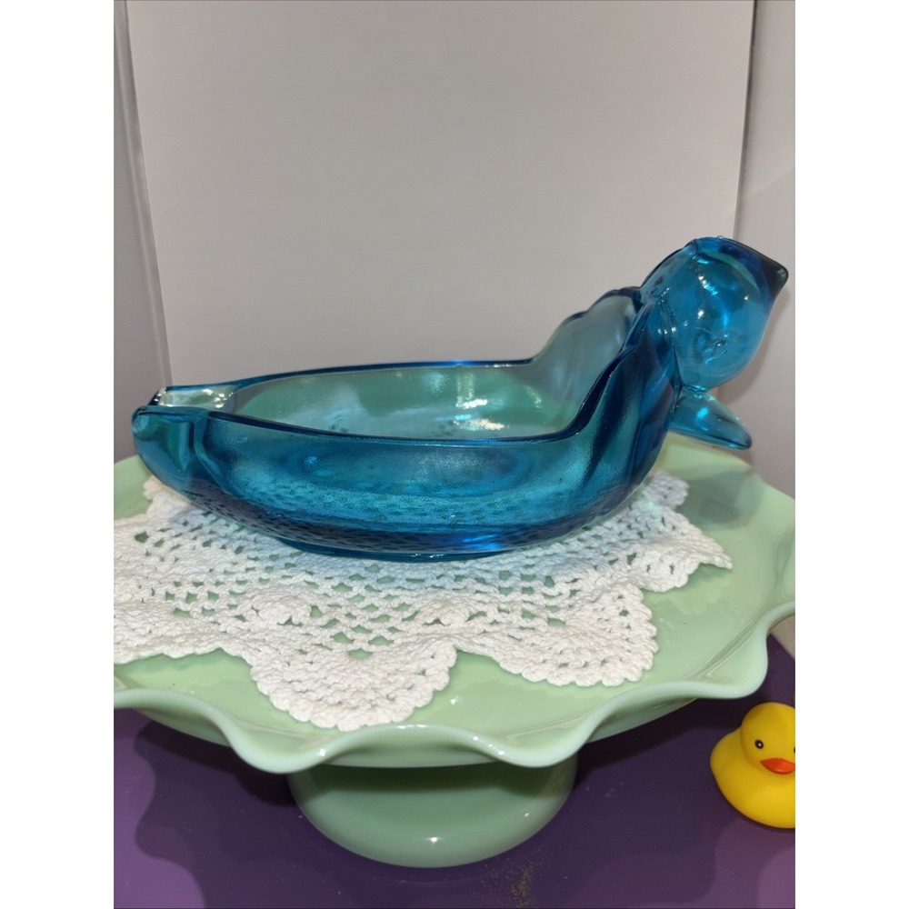 Blue DUCK Tiara INDIANA Glass Trinket Dish or Ashtray Art Glass Vintage